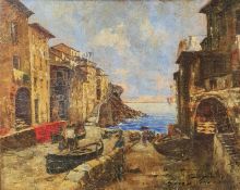 Gino Tommasi(?) Oil on board Italian village scene overlooking a small dock with sea in