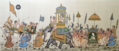 20th century Indian school  Painting on silk  Procession, unsigned, 23cm x 50cm, another study of