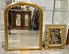 Small gilt-framed overmantel mirror with bevel edge and a small rectangular mirror in moulded gilt