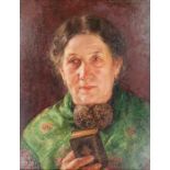 Gustav Kohler (1803-1881)  Portrait of an elderly woman with green floral shawl holding a book,