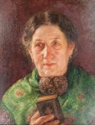Gustav Kohler (1803-1881)  Portrait of an elderly woman with green floral shawl holding a book,