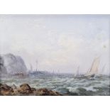 19th century English School Oil on panel "Coastal Scene" with fishing boats, cliff in the background