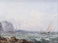 19th century English School Oil on panel "Coastal Scene" with fishing boats, cliff in the background