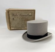 A Moss Bros. grey top hat, labelled Lincoln Bennett, Moss Bros.' with hat box