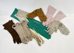 Vintage kid gloves to include long green evening gloves with button fastening, mid twentieth century
