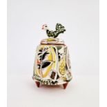 20th century earthenware pot with chicken finial to lid, on three pointed feet, leaf abstract glaze,