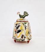 20th century earthenware pot with chicken finial to lid, on three pointed feet, leaf abstract glaze,
