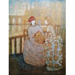 Edper? (20th Century) Colour lithograph Two women seated on a bench beside a river, bridge and