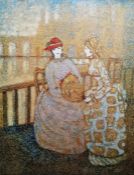 Edper? (20th Century) Colour lithograph Two women seated on a bench beside a river, bridge and