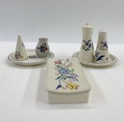 Poole pottery rectangular lidded dish with concave lid, two Poole pottery circular dishes for four