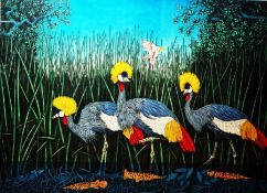 Mark Millmore (British b.1956) Coloured etching 'Three Crowned Cranes', signed lower right,