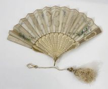 Late 19th century brise fan, painted silk, but two sticks broken, and another fan - mother of