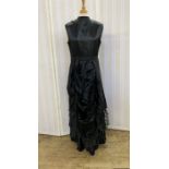 Victorian 'Natural Form' black satin dress with pleated underskirt, looped skirt trimmed with lace