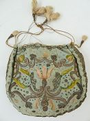 17th century embroidered silk purse / reticule, possibly Ecclesiastical, the pale blue ground