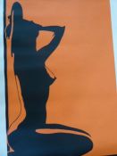 Five late twentieth century unframed prints, two nude silhouettes on an orange background, two