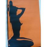 Five late twentieth century unframed prints, two nude silhouettes on an orange background, two