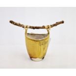Debbie Page contemporary studio pottery pail in yellow glaze with found stick handle, impressed