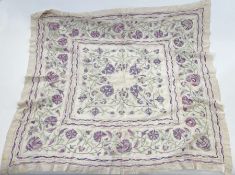 1920's silk embroidered dressing table cloth/scarf,  in pinks, mauves and greens - cut and drawn