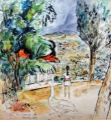 Roy Spencer (1918-2006) Ink and watercolour ''Girl and Goose, Farm in Umbria', signed and dated '