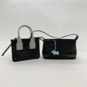 Radley small black leather bag, silver coloured metal hardware, Radley logo dog on inside zipped