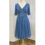 Blue chiffon embroidered vintage style dress with crossover bodice, sequin and embroidered detail to
