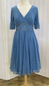 Blue chiffon embroidered vintage style dress with crossover bodice, sequin and embroidered detail to
