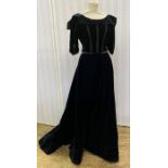 Victorian velvet walking outfit, the black velvet skirt with brushing hem and slight train,