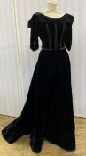 Victorian velvet walking outfit, the black velvet skirt with brushing hem and slight train,