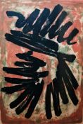 He??? Colour lithograph Abstract, black lines on green and pink background, indistinctly signed