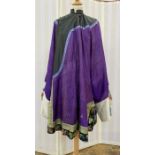 Antique Chinese robe in purple with a turquoise lining and dark green band, deep sleeves with