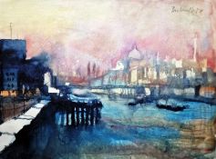Bernhard Vogel (German b.1961) Watercolour 'The Jetty, Docklands', signed and dated '09 top right,