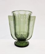 Val St Lambert 'Romeo' pattern winged green glass vase on circular stemmed base, 21.5cm high