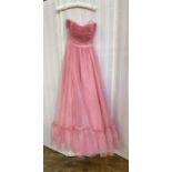 Vintage pink nylon and satin 'prom' dress with ruched bodice, strapless, labelled 'Mike Benet