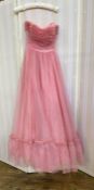 Vintage pink nylon and satin 'prom' dress with ruched bodice, strapless, labelled 'Mike Benet