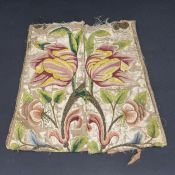 Antique silk embroidered and silver thread double panel probably from a cuff, decorated with