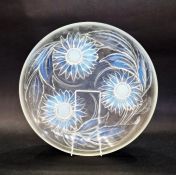 Verlys French circular sunflower bowl, opalescent, decorated with swirling sunflowers, marked to