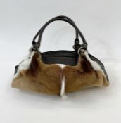FSP The Collection Cape Town , brown leather and fur (Springbok?) bowling-style bag, silver coloured