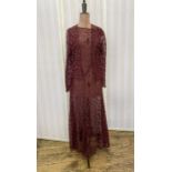 1930's maroon bias-cut lace dress with matching jacket