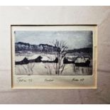 Kira (20th Century) Etching "Cadot" Winter landscape with snow covered houses, limited edition,