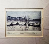 Kira (20th Century) Etching "Cadot" Winter landscape with snow covered houses, limited edition,