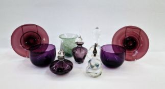 Okra glass scent bottle, marked to base and dated 1989, two amethyst glass scent bottles, a clear