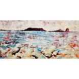 Louise Collis (b.1976) Oil on canvas 'Worms Head, Shimmer', signed lower left, framed, 29.5 x 60cm