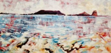 Louise Collis (b.1976) Oil on canvas 'Worms Head, Shimmer', signed lower left, framed, 29.5 x 60cm
