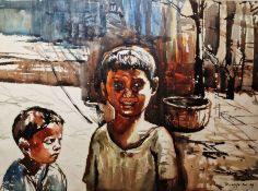 Ranadip Mukherjee (India b.1968) Watercolour Portrait of two boys on a street in India, signed and