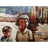 Ranadip Mukherjee (India b.1968) Watercolour Portrait of two boys on a street in India, signed and