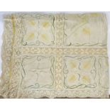 Early 20th century table/bed cover, embroidered on linen, backed with yellow cotton and a crochet