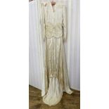 1930's printed satin wedding dress with loop and button fastening, ruched drop waist with big padded