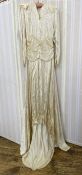 1930's printed satin wedding dress with loop and button fastening, ruched drop waist with big padded