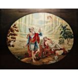 19th century woolwork and painted allegorical scene, in oval mount, carved oak frame, glazed 39 x 50