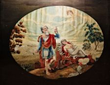 19th century woolwork and painted allegorical scene, in oval mount, carved oak frame, glazed 39 x 50